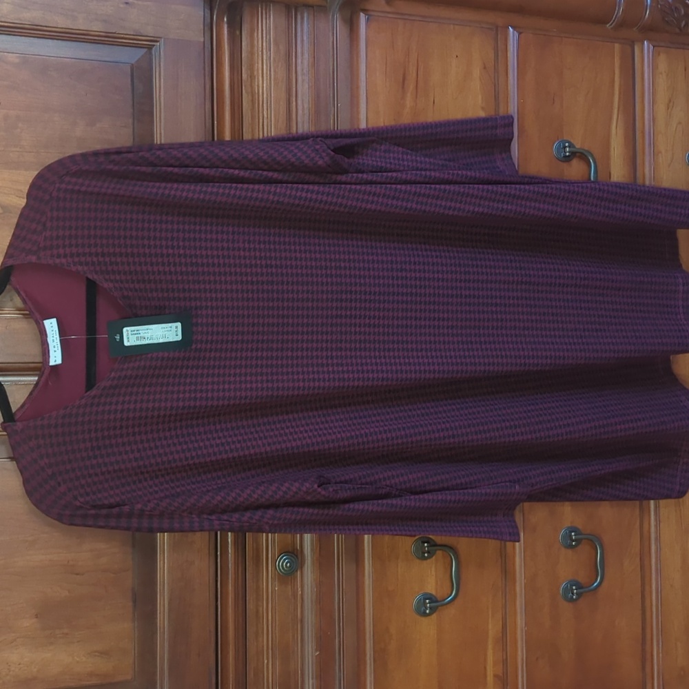 NWT Bryn Walker Hounds Tooth Damien Dress Burgandy/Black, Dolman Sleeves Large
